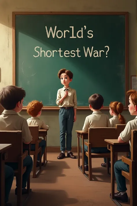 "A historical scene with students sitting in a classroom, puzzled expressions on their faces, with a chalkboard in the background showing the words Worlds Shortest War."
