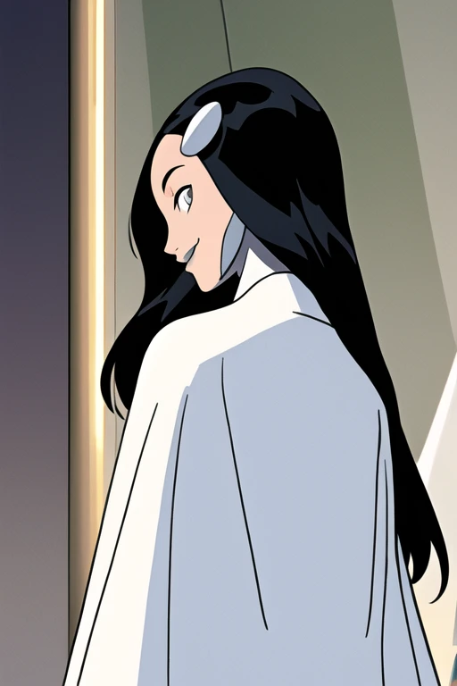 Tinya Wazzo, solo,black hair, long hair. grey eyes, smile, grey lips, white cape, best quality, masterpiece, 1girl, Masterpiece, Best Quality, Detail, room, From Behind, From Below, cape in front, Zoom Layer, standing