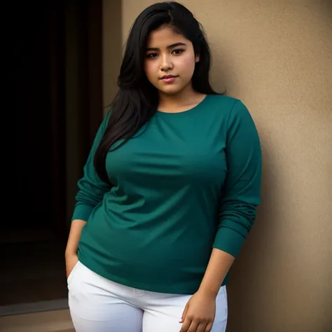 body photo, beautiful detailed, cute face, short, mexican Guanajuato teen, slightly chubby, long black hair, black hair over one eye, long sleeve plain T-shirt, long pants, fat wide hips, solo, 