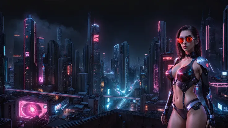 (High view). Theres a cyborg woman (8k) wearing a futuristic leotard (best quality) standing in a cyberpunk city alley at night, darksynth aesthetic, red neons, haze, 1drone, foggy night, ultra detailed, photorealistic, (1girl, solo, alone), large-breast:1...