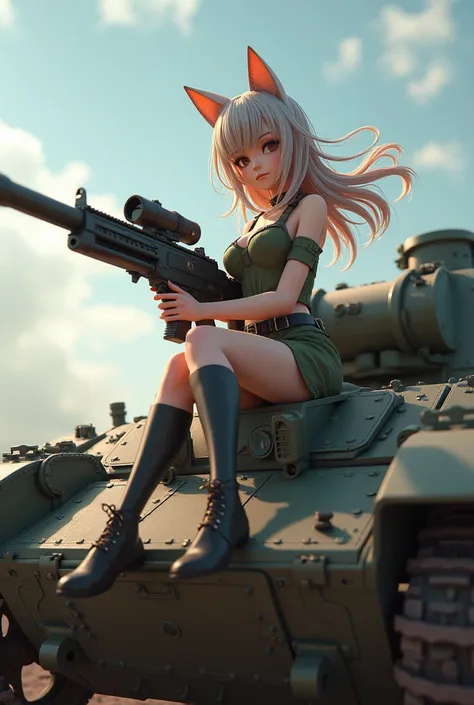 A waifu with cat ears wielding a machine gun while riding a Soviet T-34-85 tank
