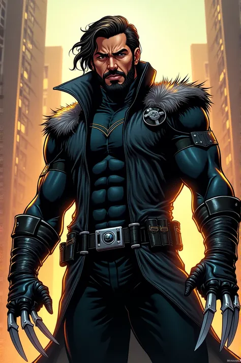 man, 38 years, mixed skin, medium length hair back, connected beard to hair, Black leather costume, with fur details on the shoulders, three blades coming out of his knuckles, comic style