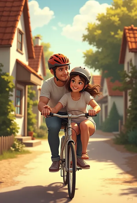 A man riding a bike through a village road and  a lady sitting in back seat . Both wearing helmets. Make it romantic