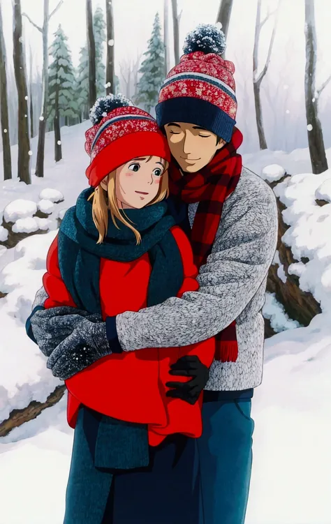 ghibli style, there is a man and woman hugging in the snow, very realistic, very very realistic, made with anime painter studio, realistic picture, lovely couple, kawaii realistic portrait, realistic artstyle, very very very realistic, painted in anime pai...