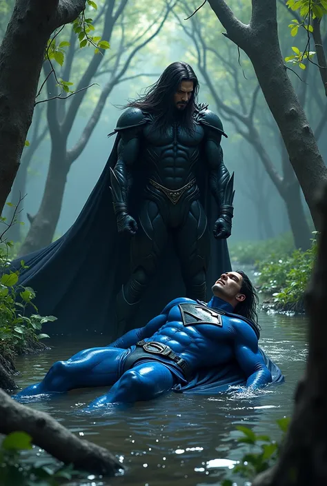 male superhero dressed in blue, A cape and mask, beaten and defeated by a male supervillain dressed in black with long hair in a mangrove swamp.