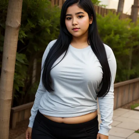 body photo, beautiful detailed, cute face, short, mexican teen, slightly chubby, long black hair, black hair over one eye, long sleeve plain T-shirt, long pants, fat wide hips, solo, 