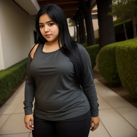 body photo, beautiful detailed, cute face, short, mexican teen, slightly chubby, long black hair, black hair over one eye, long sleeve plain T-shirt, long pants, fat wide hips, solo, 