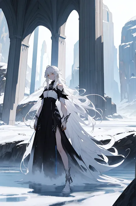 Encounter, white space, one girl, white hair, long hair, black eyes, black dress, beautiful hands stretched out here, white skin, wide space, landscape,scenery LoRA 0Skar ver.2,scenery LoRA ver.0Skar