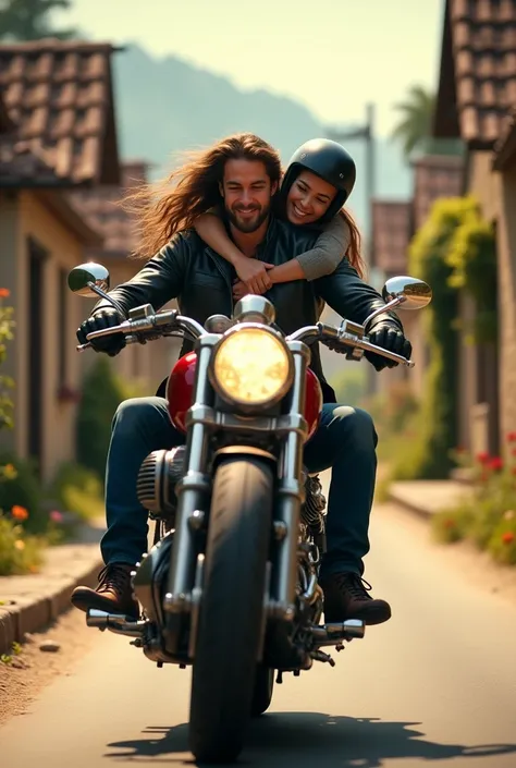 A man riding a bullet hrough a village road and  a lady sitting in back seat . Both wearing helmets. Make it romantic.