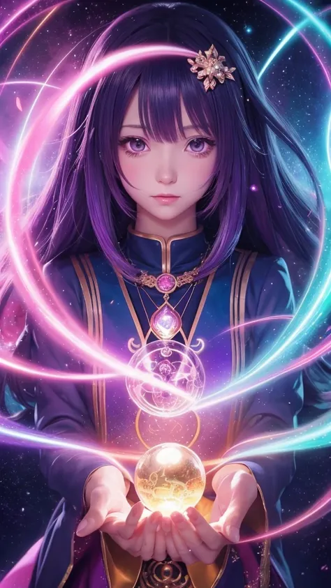 Anime with a crystal ball in front of a purple background, Dreamy psychedelic anime, Anime Style 4 k, Superpowered girl, Anime fantasy illustration, Beautiful Celestial Magician, Detailedデジタルアニメアート, Detailed + Tarot Cards, arcane art style, Anime Style. 8k...