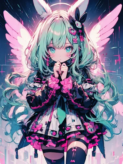 cute anime girl, pastel goth, bunny ears, bright pink and mint green mesh hair, white harajuku gothloli outfit, pink accessories, angel halo, holding chains, striped stockings, kawaii horror, vibrant colors, detailed vector art, playful and creepy, speech ...