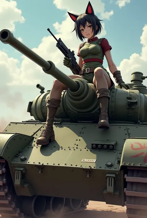 A waifu with cat ears and short hair using a machine gun while riding a Soviet T-34-85 tank
