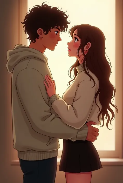 Image of a girl with brown hair wearing eye-catching but casual clothes with a white or cream wool sweater and a short black something that starts with a skirt. 
Now that girl just like this, That she is flirting with a 19-year-old curly-haired guy, half-d...