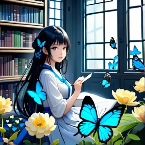 One black-haired Asian girl、Fantasy、Many blue butterflies in the distance々、Glowing Butterfly、library、Large windows、A garden with beautiful flowers blooming、