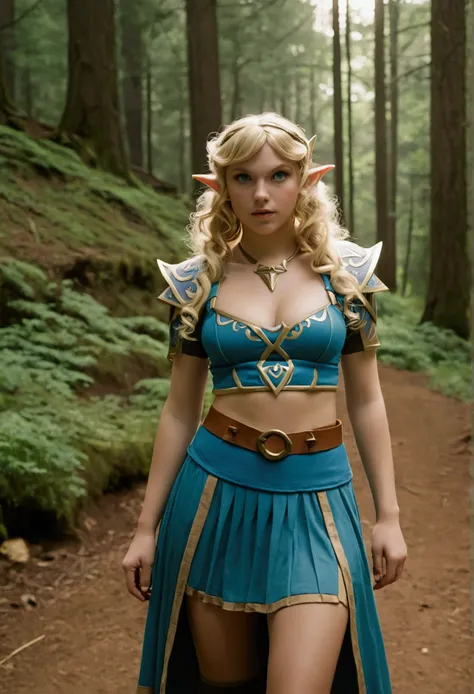 analog film photo, photo of a Hylian girl, elf ears, azure eyes, long blonde curls, tan complexion, tall stature, voluptuous hourglass figure, full hips, plump round buttocks, wearing a bralette and a battle skirt, strolling through Hyrules wilderness, res...