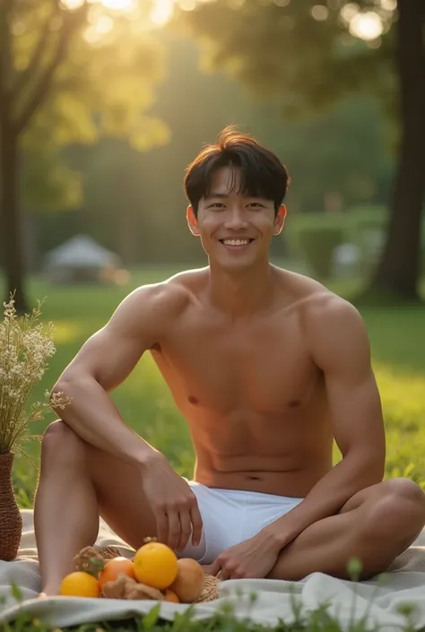 photorealistic, best quality, masterpiece, extremely detailed, sexy, homoerotic, extremely handsome, youthful, 25 year old muscular korean man, fair skin, (((muscular bodybuilder))), (((massive thighs))), wearing a small white thong, sitting and having pic...