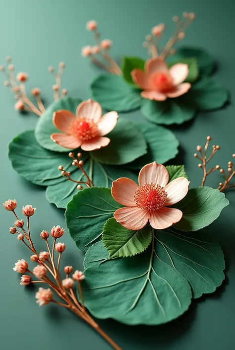 Design an image of crafts made with fish scales (flowers and combs) that are joined with copper thread and covered with green paper.
The background should convey tranquility and confidence.