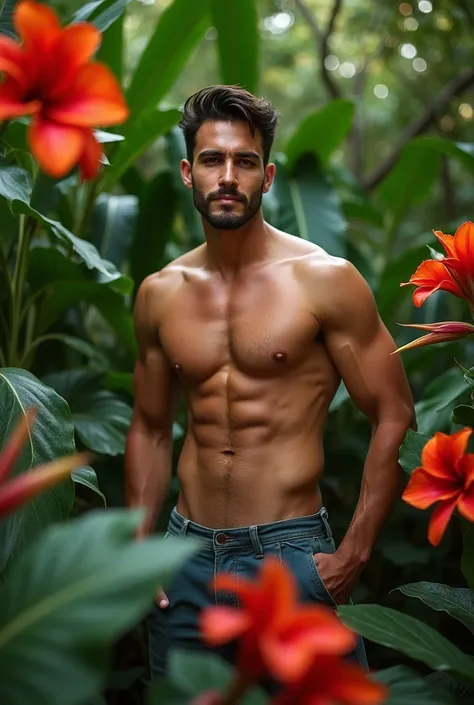 A Brazilian man in a lush tropical garden, no clothing, with a close-up capturing the harmonious beauty between your body and the natural flowers, showing off your natural charm and outgoing personality.