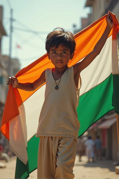 India flag in hand stand a boy