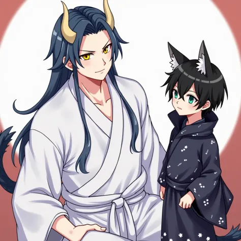 A tall man with long, bluish-black hair reaching his knees, yellow eyes, horns, and a dragon tail, wearing a white yukata that reveals a bit of his muscular chest, next to a short boy with black hair and green eyes, wearing fox ears and a fox tail. 