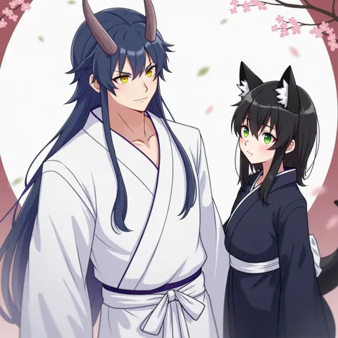 A tall man with long, bluish-black hair reaching his knees, yellow eyes, horns, and a dragon tail, wearing a white yukata that reveals a bit of his muscular chest, next to a short boy with black hair and green eyes, wearing fox ears and a fox tail. 