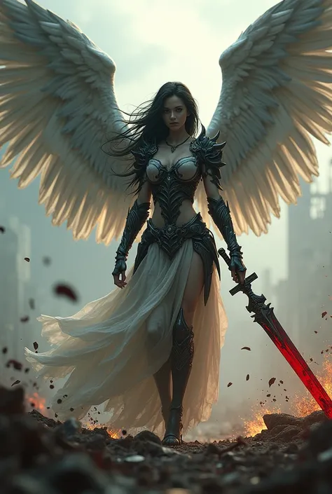 archangel lucifer,war effect,REAL - style image of a woman with a blood sword in a field, cyberpunk art inspired by Leng Mei, cgsociety contest winner, fantasy art, beautiful Mistresses angel girl, angel knight girl, as a mystical valkyrie, battle angel, a...