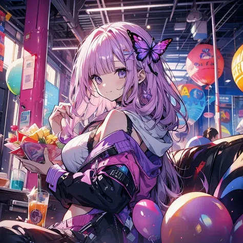 1 person、Mature、Ample breasts、Long Hair、Purple balloon、Bubble gum、Curly Hair、smile、Belly button、Shoulder Bare、hoodie、it、Lots of balloons、sofa、Purple butterfly、High resolution、Highest quality、