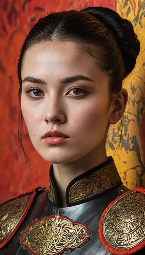 A hyper-realistic portrait of a stunning 21-year-old Russian woman standing alone against a colored wall. She has black hair in a simple bun, parted lips, and striking red eyes. She wears intricates detailed ancient Chinese war body armour.The lighting acc...