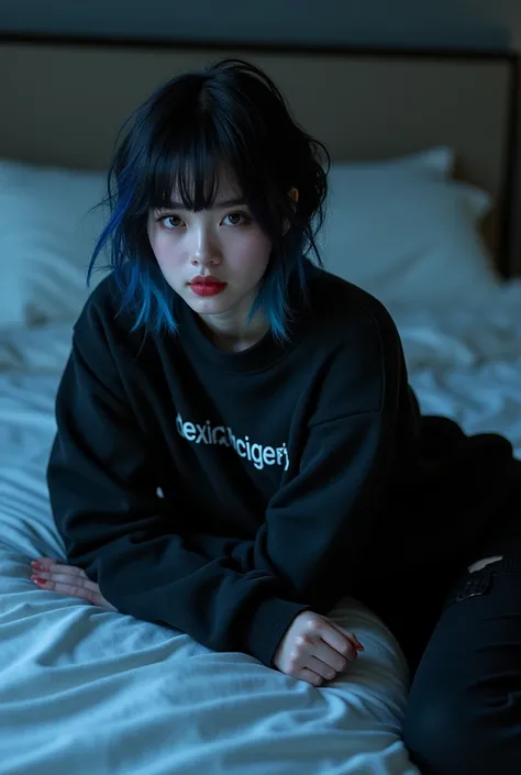 , beautiful gothic women, sexy gothic girl, designer sweatshirt coat with logos, pants, short black hair with blue tips, bedroom, Lying on the bed