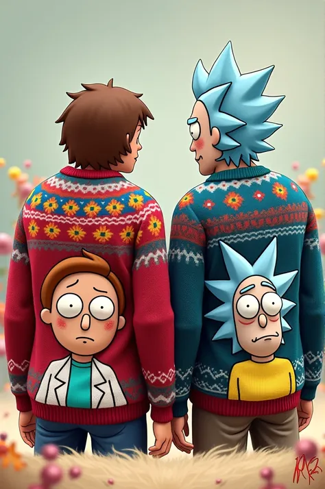 I want you to create an image of two sweaters and on the back of the sweater is the image of Rick and Morty 