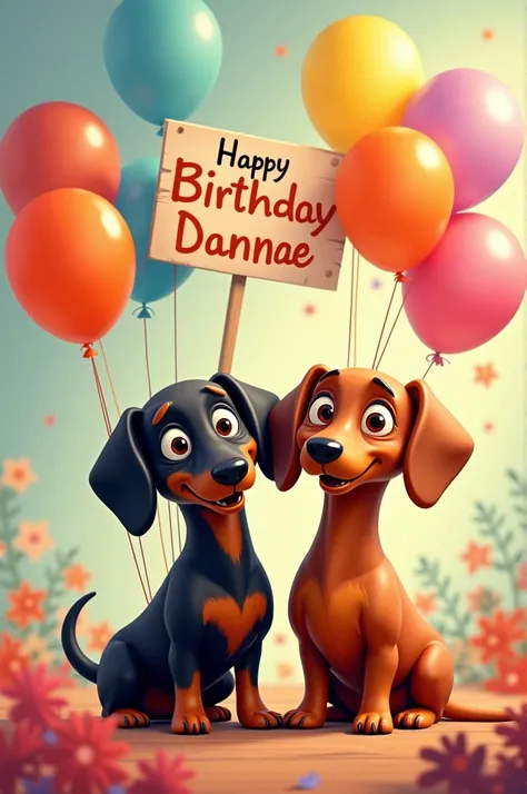 A Pixar-style poster of two black and brown dachshund dogs with balloons and a Happy Birthday Dannae sign. 