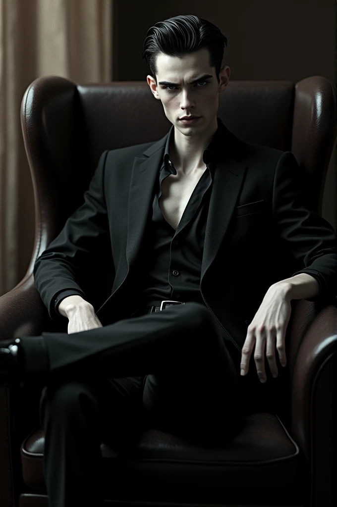 Beautiful, Very skinny, glossy man with an elongated and glossy face in a wet black business suit, in a relaxed pose, leg over leg on a dark leather armchair, Looking at the viewer, Flirting, face expresses flirtation and sternness