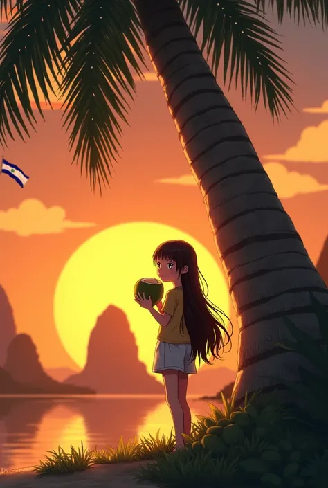 Young girl with long hair at sunset next to a palm tree, drinking coconut and looking at me with a Nicaraguan flag 