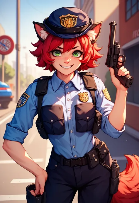 sfw, a cute young woman in a police uniform, short fluffy red hair and green eyes, american police, bulletproof vest, nervous sm...