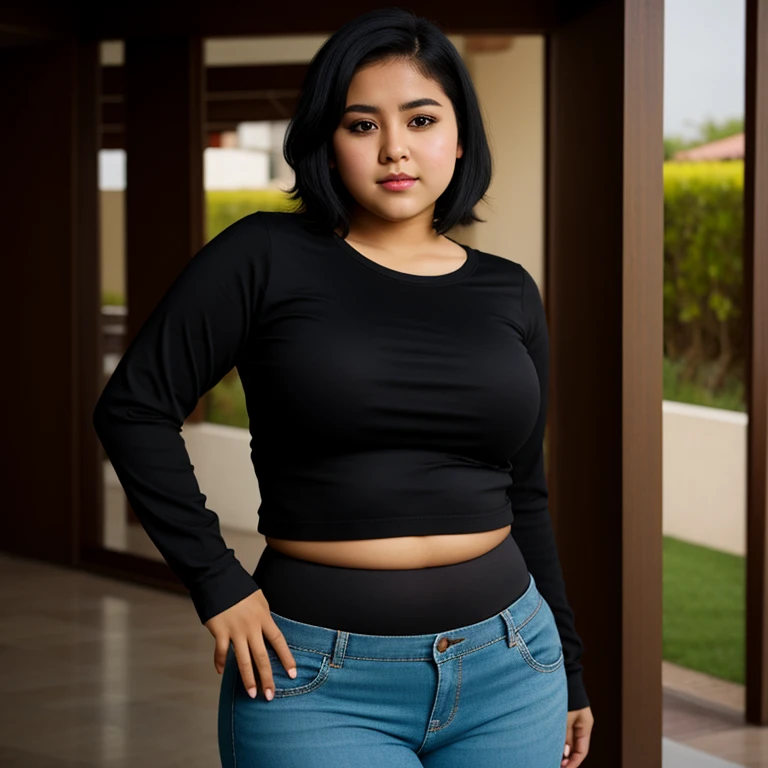 body photo, beautiful detailed, cute face, short, mexican teen, slightly chubby hips, short black hair, black hair over one eye, long sleeve plain T-shirt, long pants, fat wide hips, solo, 