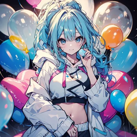 1 person、Mature、Ample breasts、Long Hair、Light blue balloon、Bubble gum、Curly Hair、ponytail、smile、Belly button、hoodie、it、Lots of balloons、sofa、High resolution、Highest quality、