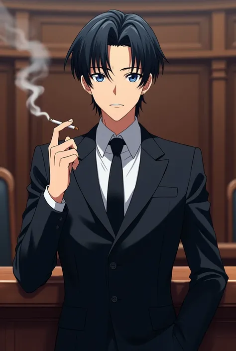 Anime style image of a man around 23 years old, black hair similar to the character Sung Jin woo from Solo Leveling, blue colored eyes, wearing a black lawyer suit and a more serious face and expression, smoking a cigarette and the scene behind him is a co...