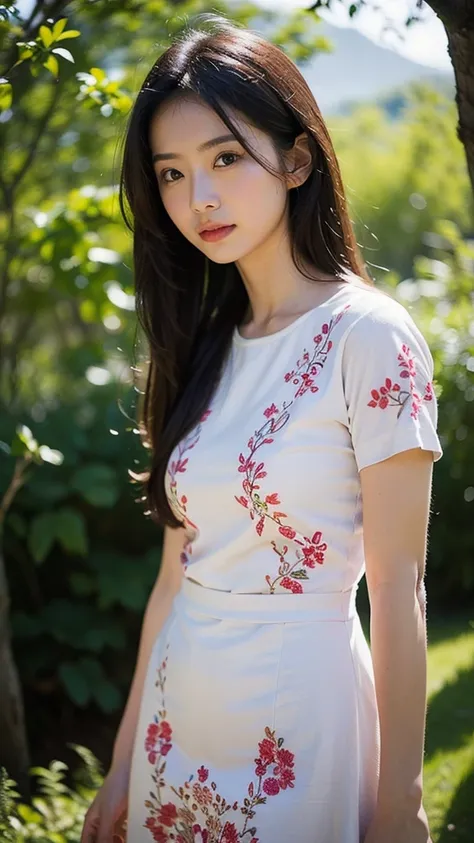 (best quality,4K,8ก,height,Masterpiece:1.2),Very detailed,(realistic,photorealistic,photo-realistic:1.37),High resolution portraits, beautiful asian girl, Standing in front of Tianzishan Peak, Zhangjiajie,((Fiona Pink Misty Floral Embroidered Cotton Dress ...