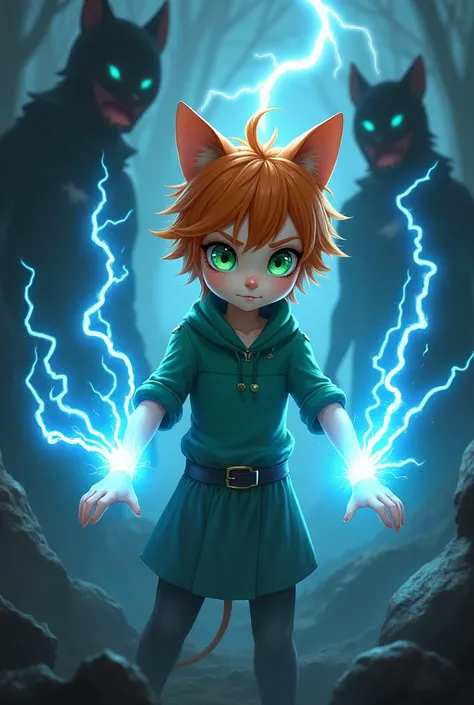 A green eyed boy with straight orange hair very white skin with a blue shirt with cat ears in his hair , fighting with his blue lightning power against evil shadows