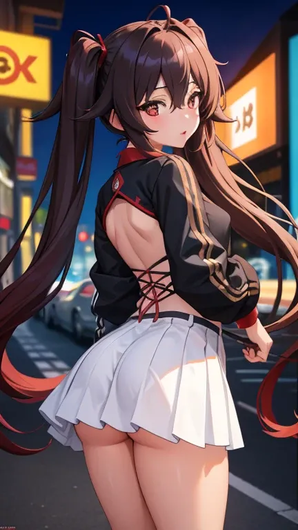 masterpiece, best quality, HuTaoV4, 1girl, solo, blush, twintails, long hair, hair between eyes, ((streetwear clothes)), city, outdoors, night, movie poster, extremely detailed 8K, smooth, high resolution, ultra quality, cinematic lighting, ambient occlusi...