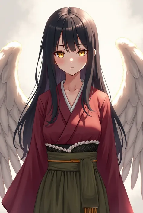 Anime Japanese Kimono Yellow eyes Black hair White wings showing through the back Maroon clothing Olive green hakama Female Small breasts Long hair with a center part