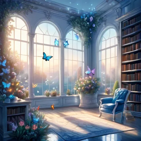 landscape。fantasy、lots of blue butterflies々、glowing butterfly、white wall、library、large windows、a garden with beautiful flowers b...