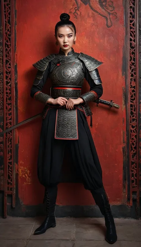 A hyper-realistic full body portrait of a stunning 21-year-old Russian woman standing alone against a colored wall. She has black hair in a simple bun, parted lips, and striking red eyes. She wears intricates detailed ancient Chinese war body armour with d...