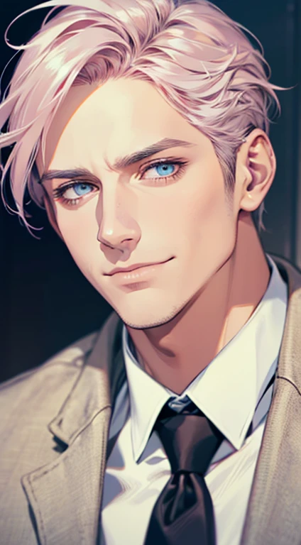 (best quality,4k,8k,highres,masterpiece:1.2),ultra-detailed,(realistic,photorealistic,photo-realistic:1.37),1 man,31 years old,mature man,very handsome,without expression,smile,short grey pink hair,blue eyes,penetrating gaze,perfect face without errors,imposing posture,businessman,office background,cinematic lighting,hdr image