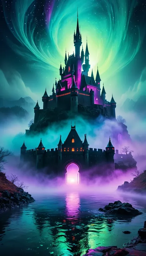 the mysterious fog of the Whirlpool Castle, the alien-like shadow in the center, the eerie colors, iridescent, neon dust, shading effects, gradation magic effects, foggy filter effects, glitter effects, graphic CG digital art