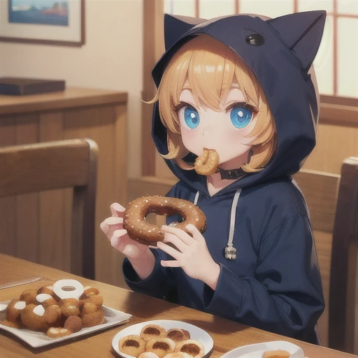 animal focus, food, no humans, eating, cat, hood, big eyes, animal, holding, solo, indoors, doughnut, hood up, holding food