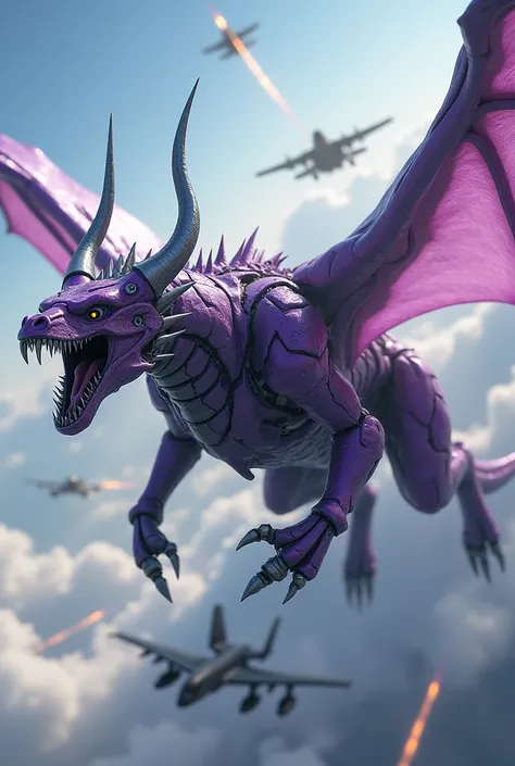 A purple robotic dragon with two silver horns on its head, The wings attached to the two front arms are bared teeth, fighting against military aircraft in the daytime sky.