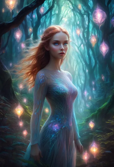 portrait,in this fantasy painting,a girl with a translucent glowing body wanders through a mysterious forest,surrounded by stran...