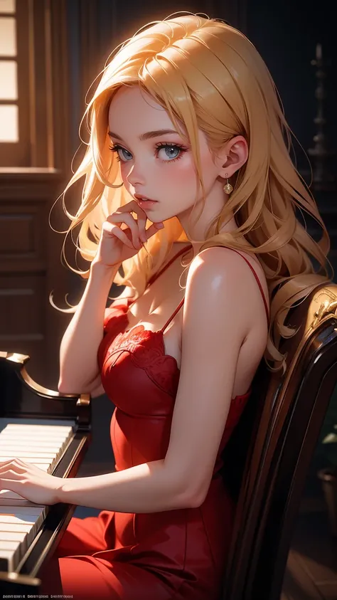 hyper realistic image of the highest quality, The perfect masterpiece, perfect work of art, 8k, a beautiful young woman in a red dress, blonde hair, upturned nose, is playing the piano on a bright stage, realistic oil painting, detailed face, detailed hand...