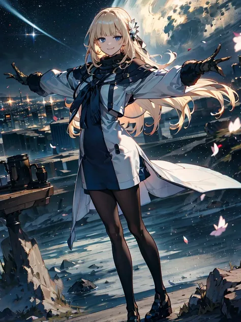 １people々々々々々々々々,Blonde long-haired woman，Long coat， Dress Silhouette， Rear View，Space Sky, comet, Anime Style, Dancing Petals，Night view of the city from the mountainside，